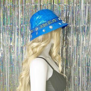 1. Upcycled Bling Rhinestone Blue IKEA Bucket Hat Handmade, Rave, Festival, Y2K